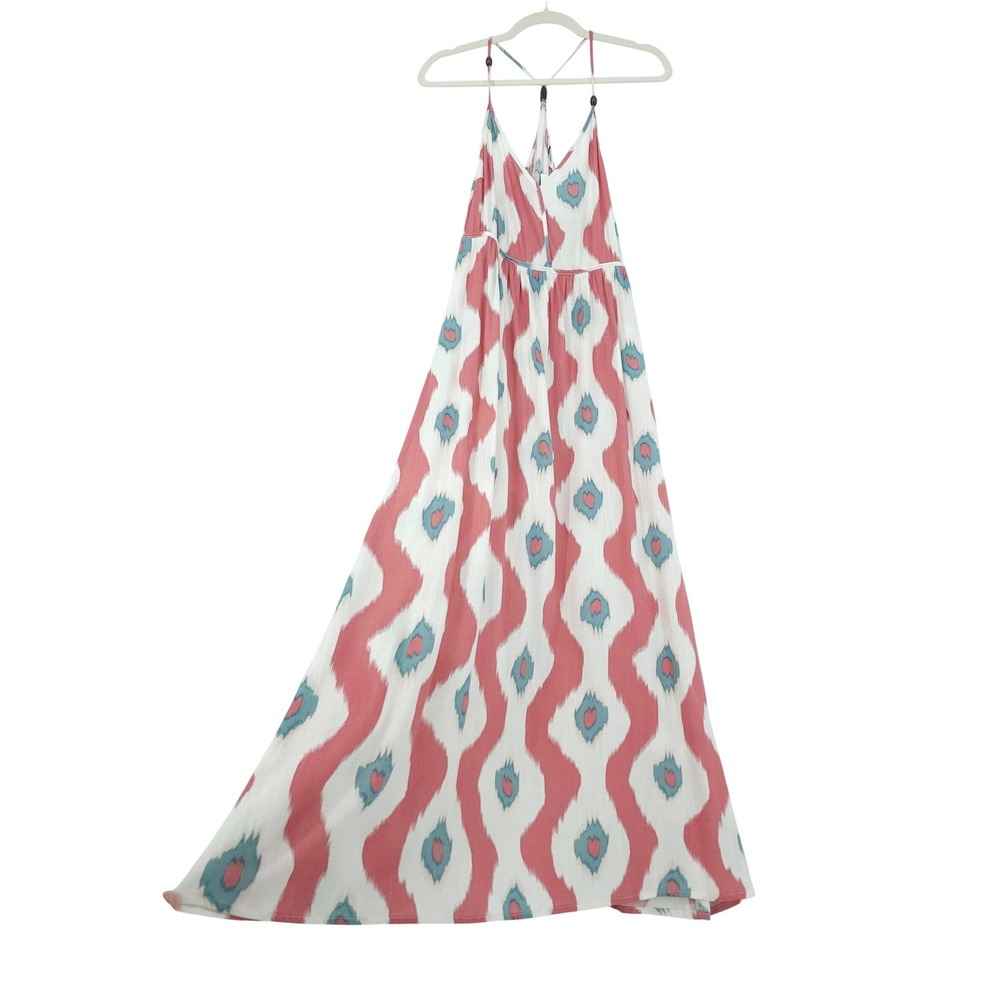 NWT Boho Coastal Babydoll Maxi Dress M Pink Teal Ikat Beach Vacay StrappyPockets